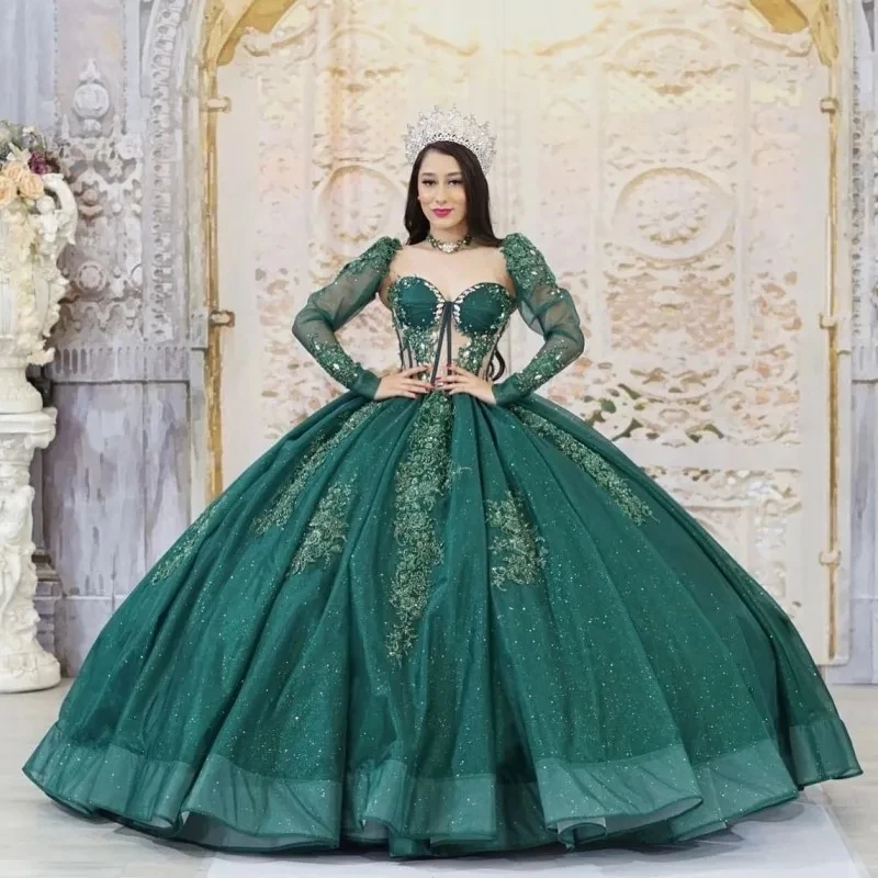 

Изумрудно-зеленое блестящее платье для Quinceanera с открытыми плечами женское платье для выпускного вечера бальное платье с аппликацией бусинами для девушек милое 16-дневное платье Vestid