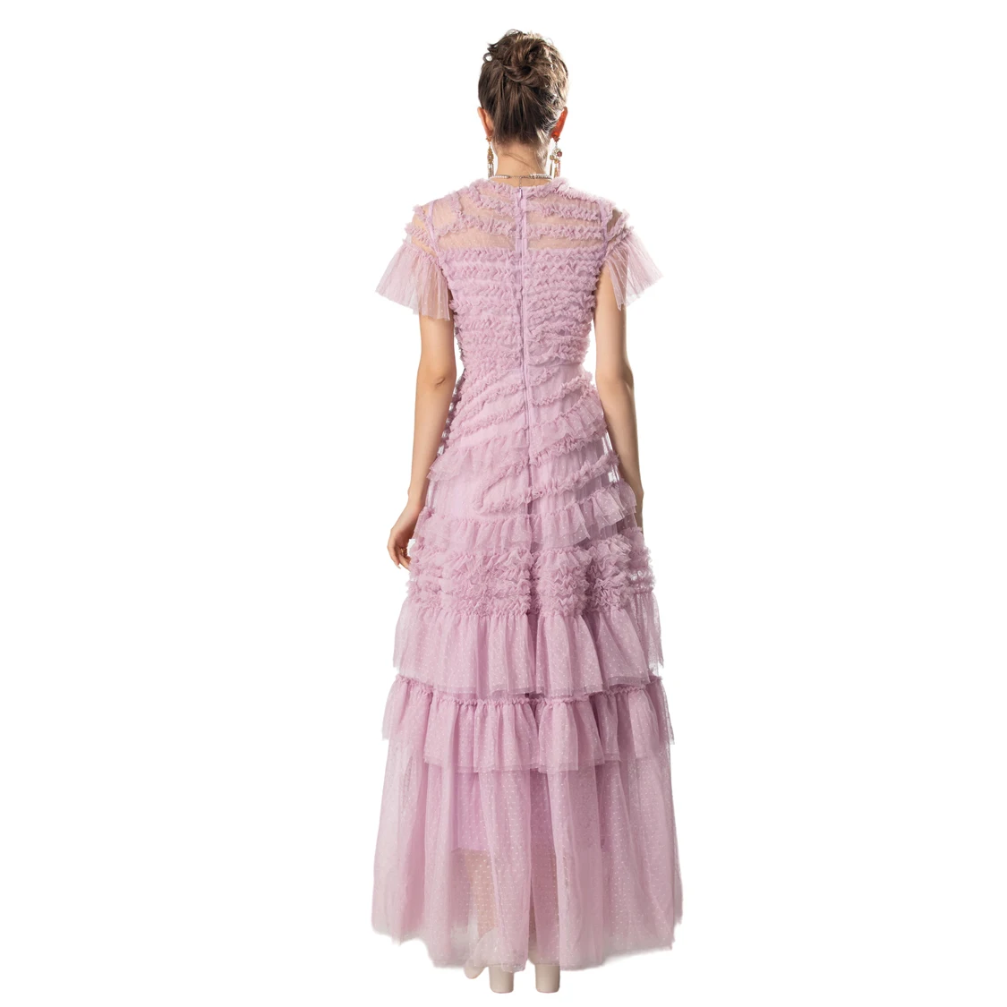 Damen Runway Kleider o Hals kurze Ärmel gestufte Rüschen elegante Maxi Party Prom Vestidos