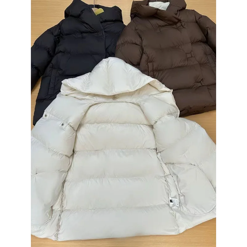 Abrigos acolchados coreanos, abrigos de plumas simples, Parka informal holgada con capucha, chaquetas de plumón sólidas de longitud media, chaqueta