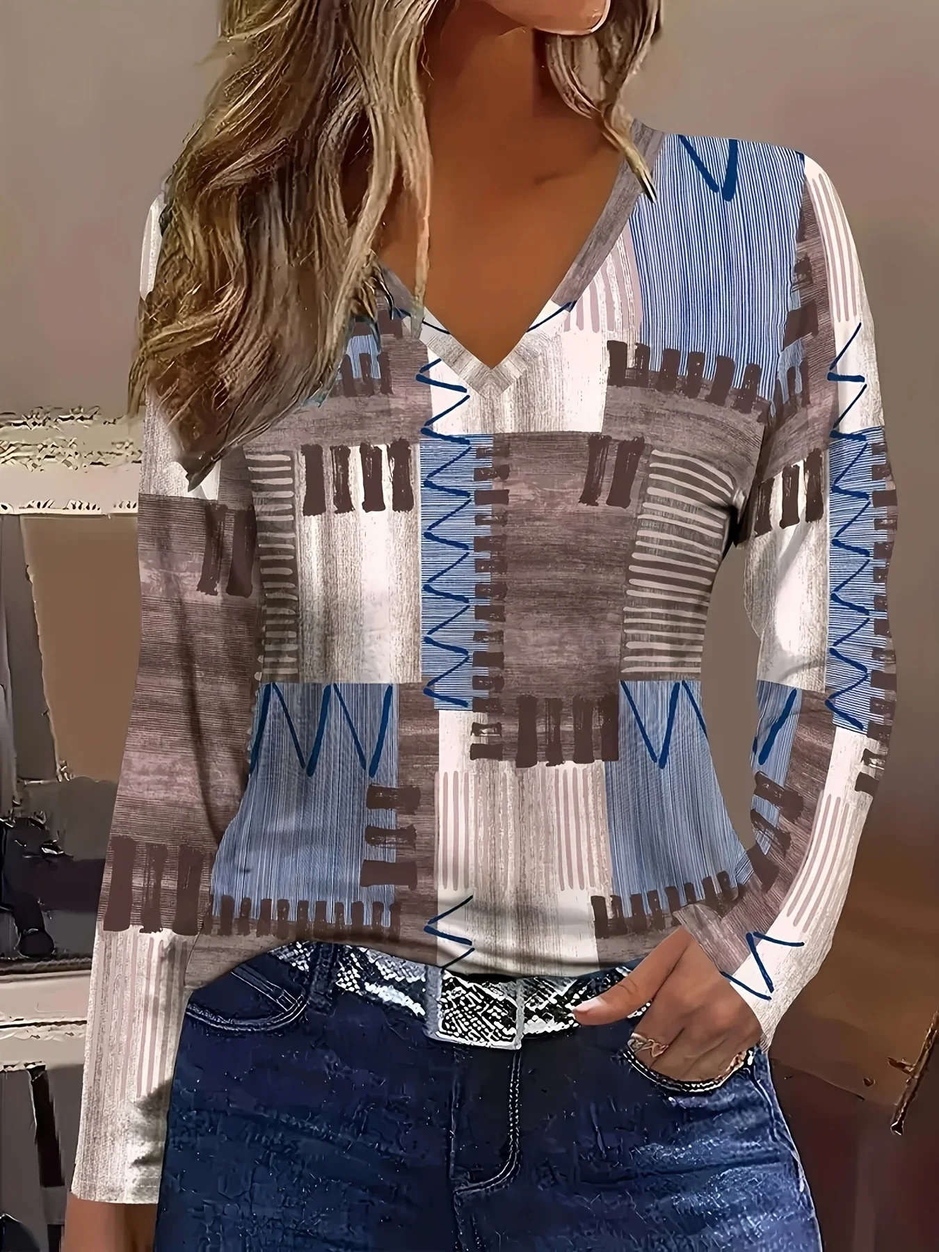 Geometric Art Print Long Sleeve Top Women V Neck Casual Soft Knit Blouse