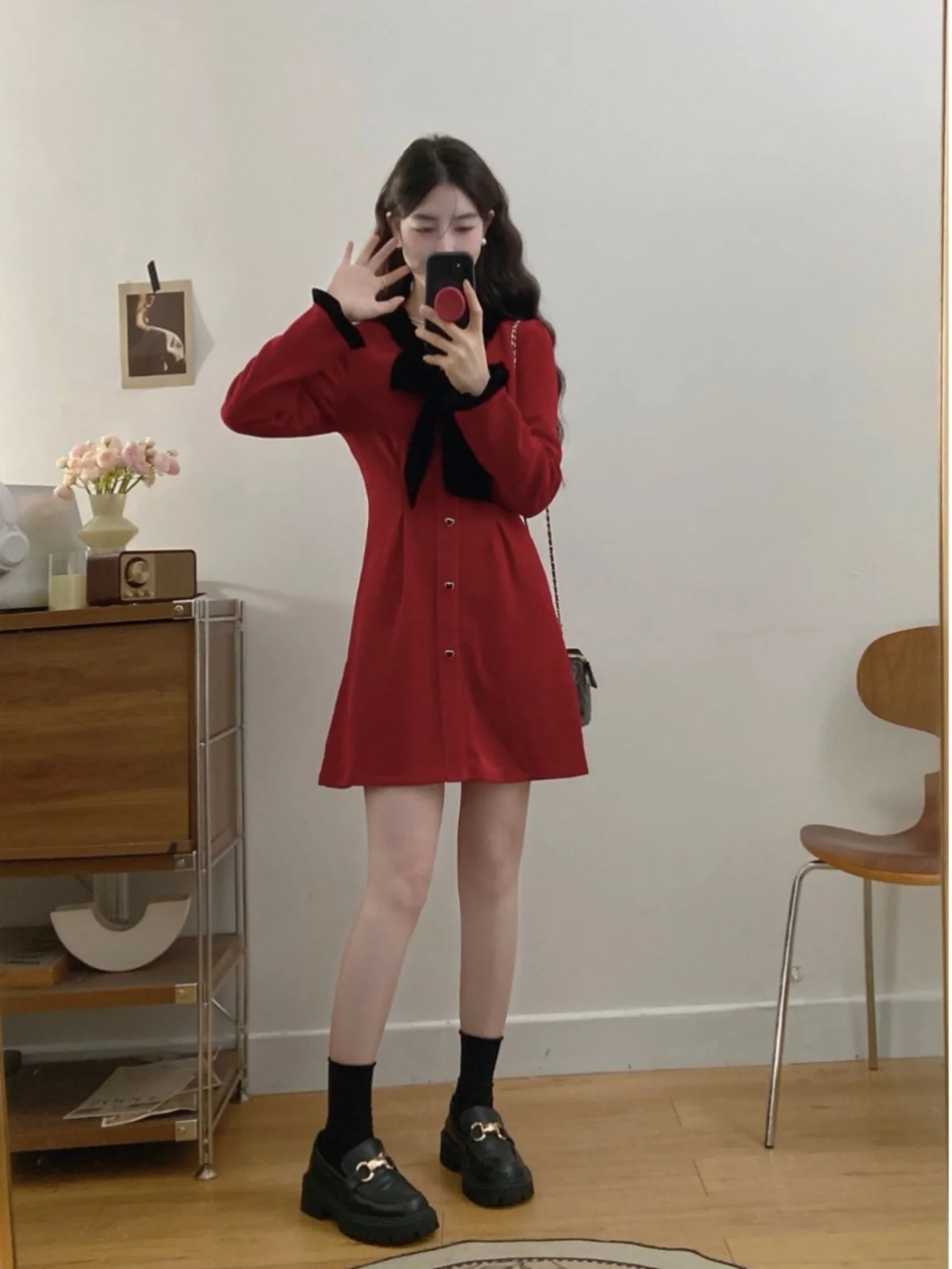 Plus Size Plus size women clothing French sle Red Dress Winter Chubby Girl Belly Covering Slimming Skirts Graceful Bow A- Lin...