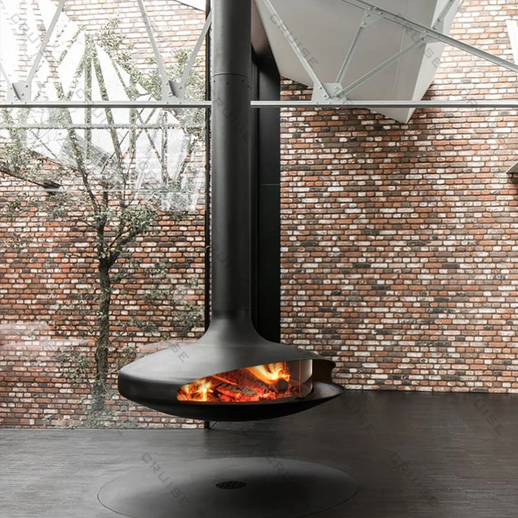 CRUISE Steel Float Indoor Round Wood Burning Glass Door Rotating Suspended Hanging Fireplace For Indoor Heating