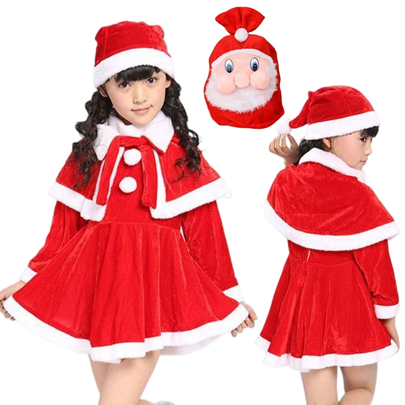 New Year Toddler Baby Girls Christmas Elk Fleece Costume Red Santa Claus Long Sleeve Princess Dresses With Hat & Shawl Xmas