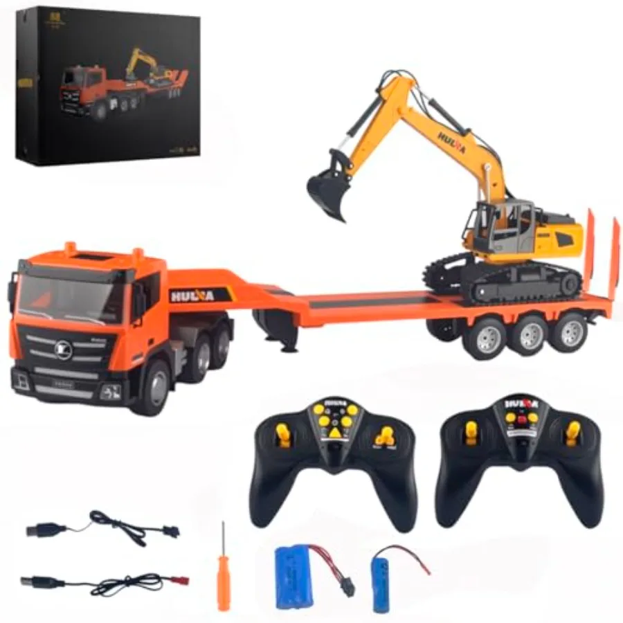 

RC Semi Truck Toy RC Excavator Toy Set with Flattrailer Heavy Duty Trailer Tractor Truck 2.4Ghz Remote Control Construction Toy