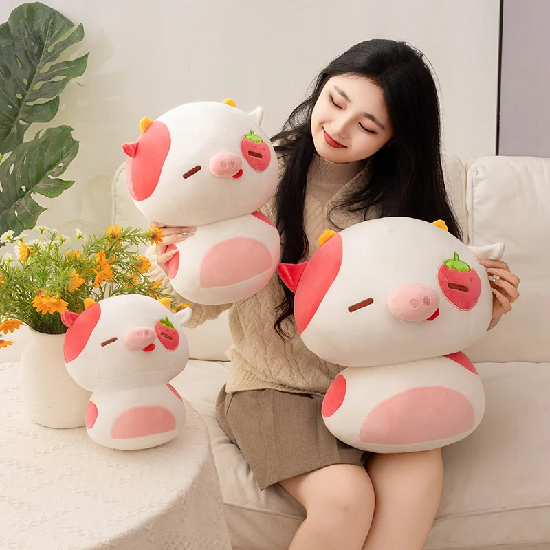 Jouets en peluche cochon fraise, yeux de fraise mignons, nez de cochon, vache, coussin de canapé, décorations de bureau pour la maison, cadeaux pour filles