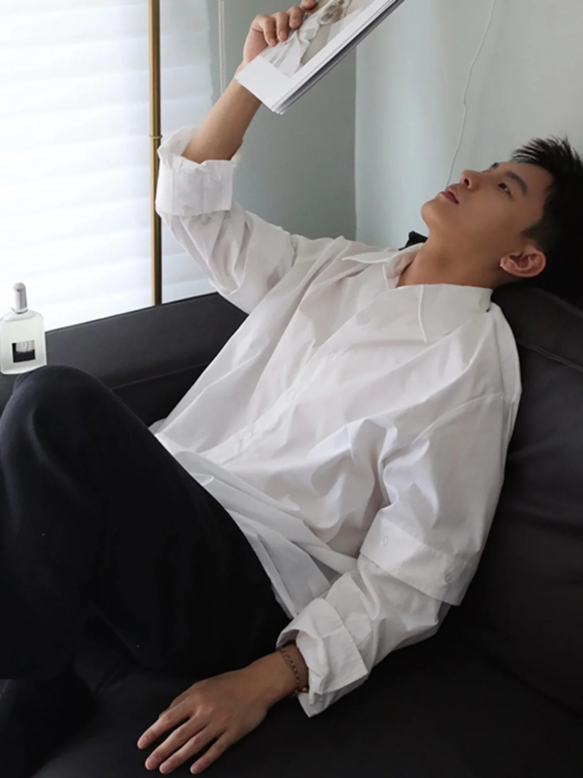 

White Long Sleeve Shirt for Men Youthful Style Casual Smart Autumn Winter Outerwear Dk Collarless Polka Dot Patterned Shirt