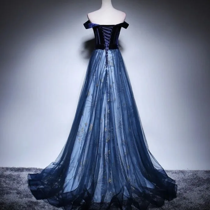 Autumn Evening Dress for Women Long Party Host Annual Meeting Dark Blue off-Shoulder Temperament Performance Trailing Canopy