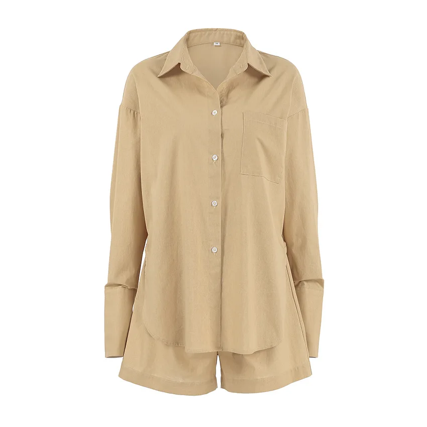 

2025 summer design shirt shorts two-piece set simple casual khaki cotton and linen set 1208