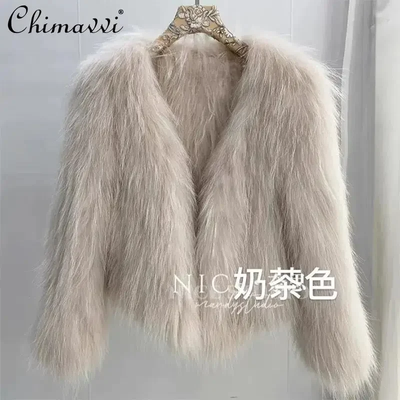 ภาษาฝรั่งเศสคําElegant SocialiteหนาWarm Plushแจ็คเก็ตฤดูหนาวสบายๆพร็อพVคอแขนยาวหลวมFaux Fur Coatผู้หญิง