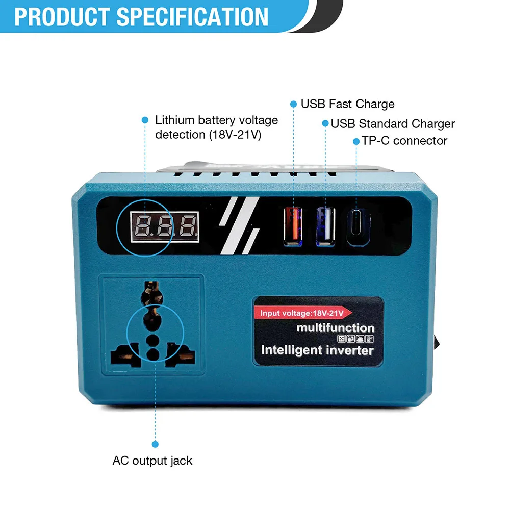 Intelligent Lithium Battery Inverter 18-21V Dual USB Interface DC5V Power Supply 220V/Type-C Fit Makita/Dewalt/Milwaukee