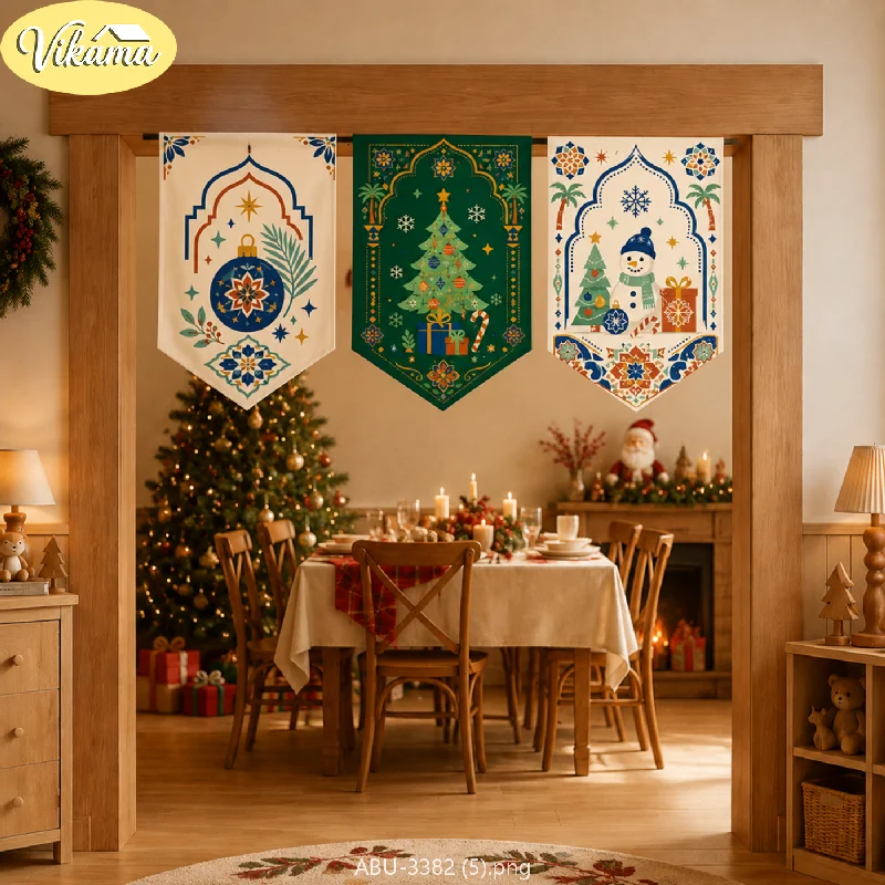 VIKAMA Christmas Fabric Triangle Banners, Bohemian Moroccan Triangle Banner Curtains, Festive Christmas Wall Decorations