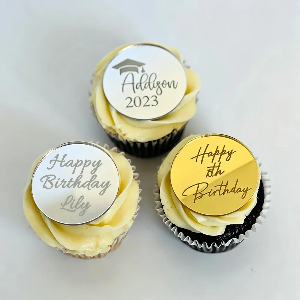 Personalisierte 10 Stück Runde Acryl-Cupcake-Topper mit Gravierten Namen oder Text Geburtstagsparty-Dekorationen Spiegel-Etiketten Babyparty