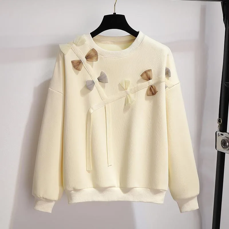 New Autumn/Winter Fashion Trend Lazy Style Round Neck Bow with Plush Loose Size Versatile Commuter Fat Mm Long Sleeve Sweater