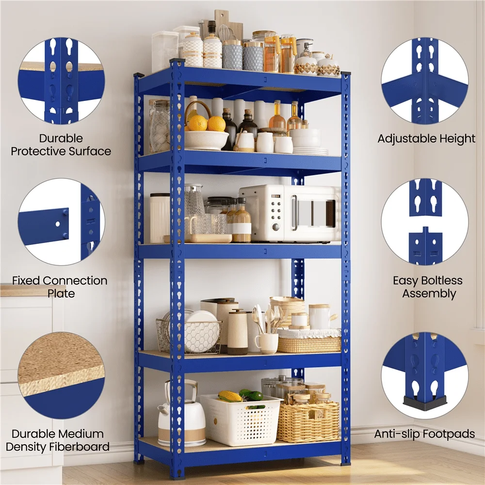 5 Tiers Metal Storage Shelf Boltless Shelving Unit With MDF Board Goods Rack For Living Room Warehouse Workshop, Black/ Silver/