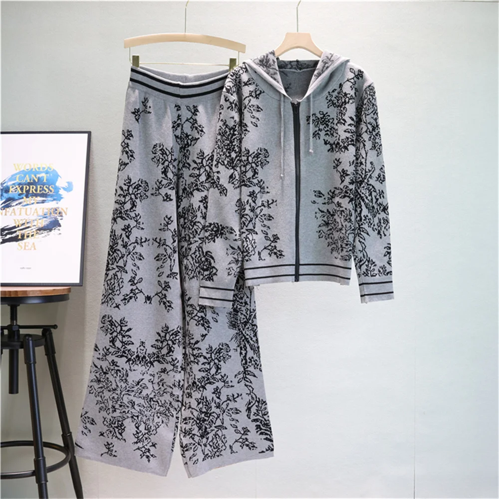 New Fashion Floral Jacquard Knitted 2 Piece Set Womens Outfits Casual Loose Hooded Sweater+Wide leg Pants Set