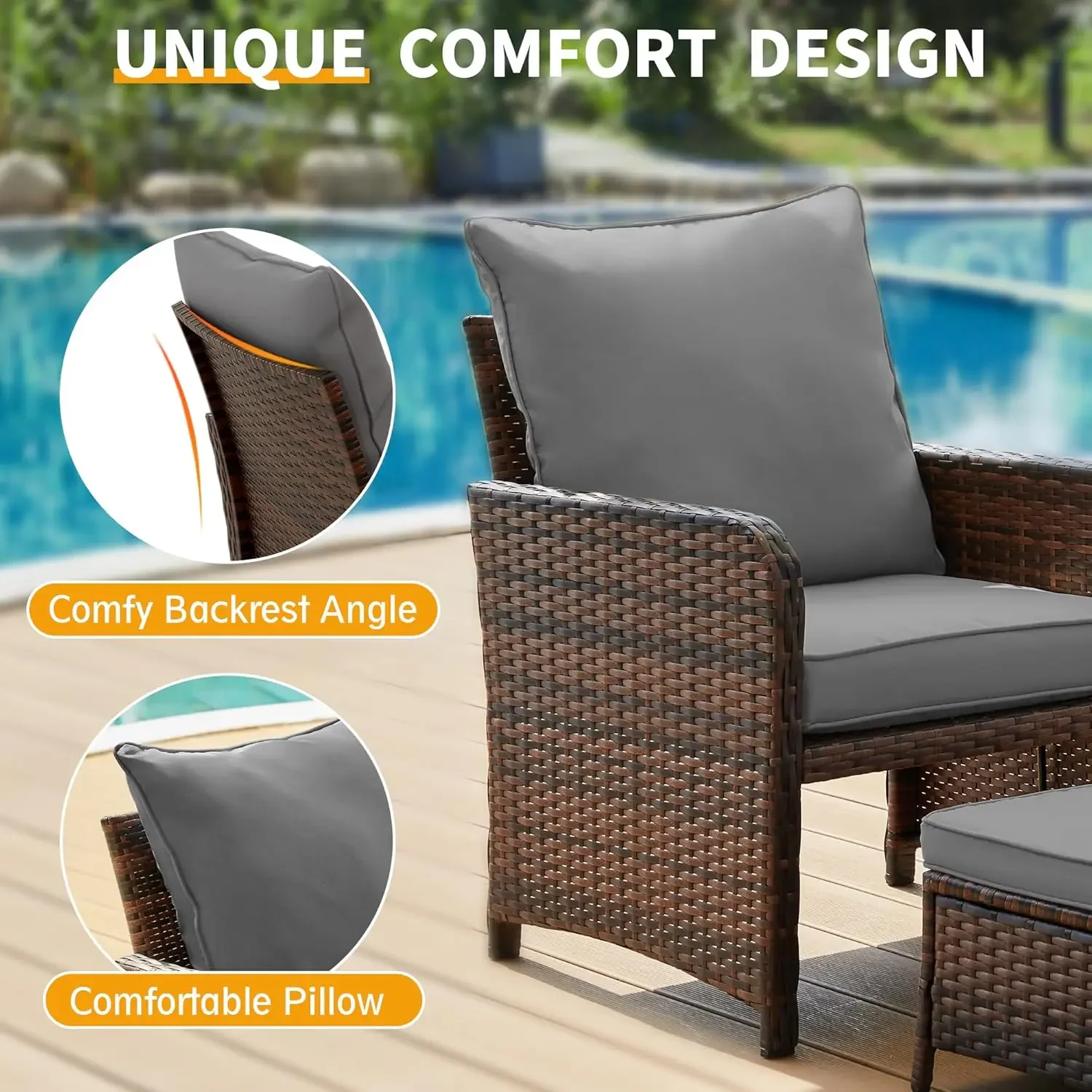 Balcony Furniture Patio Set with Ottoman, Patio Bistro Set 5 Piece Wicker Patio Furniture Set with Footrest for Front Porch