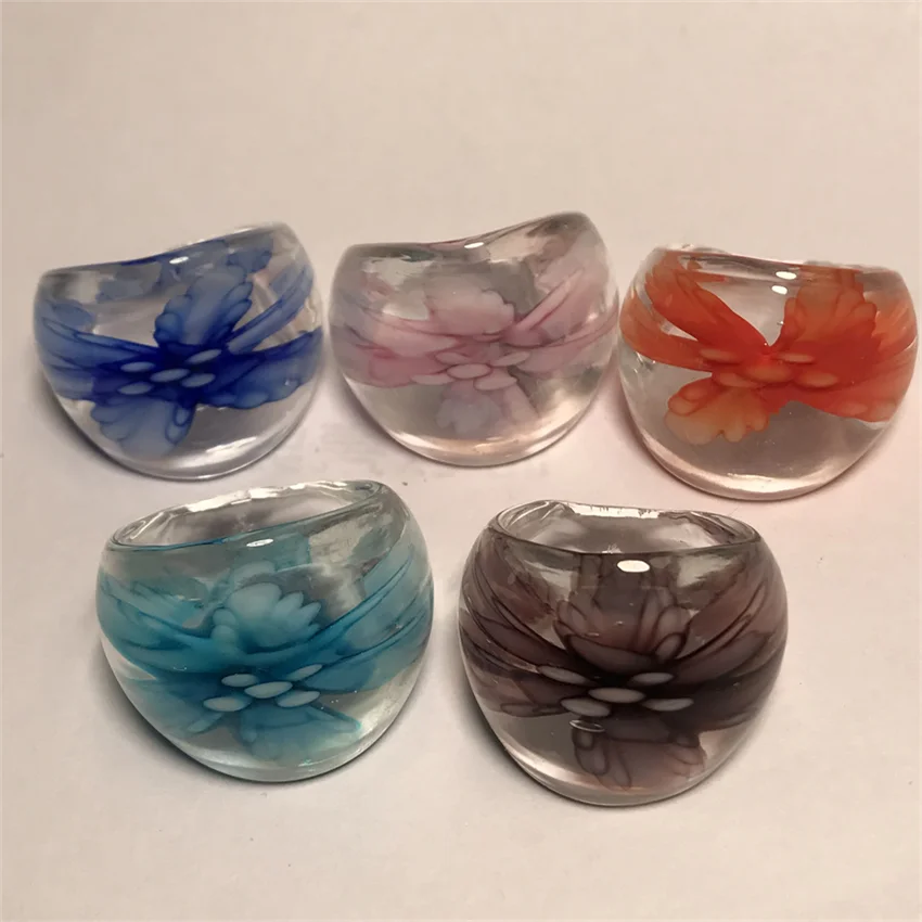 New Handmade For Women Retro Style Murano Glass Transparent Liuli Embedded Flowers Finger Rings Fashion Jewelry