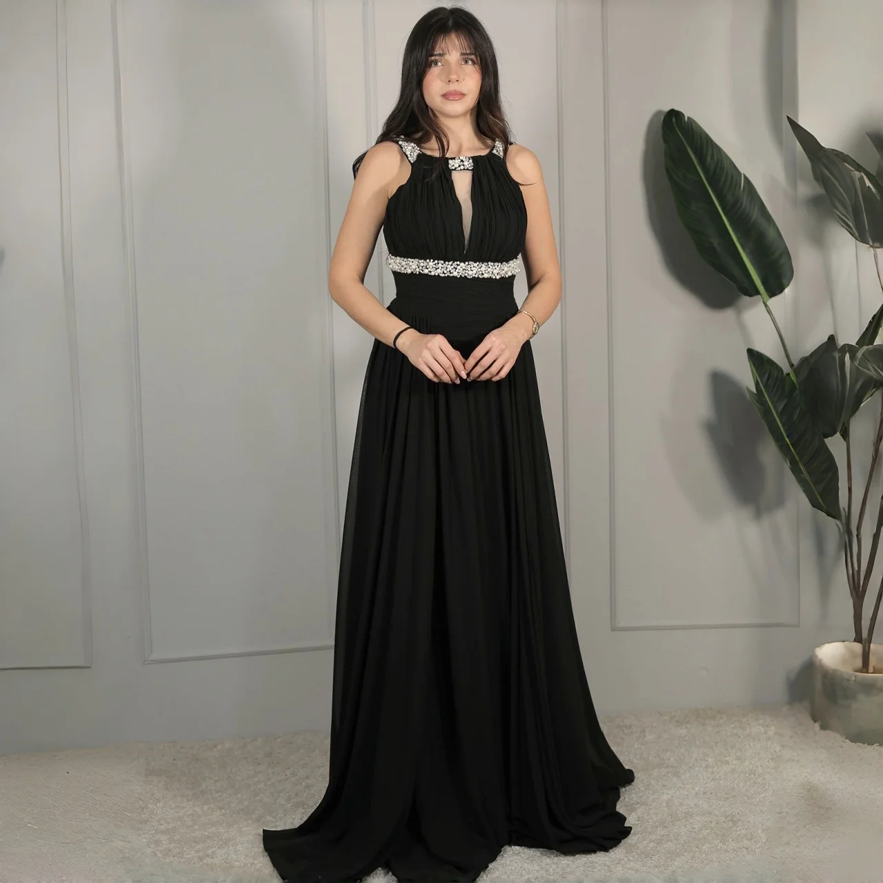Black Halter Keyhole Chiffon A Line Prom Dress Beaded Neckline Ruched Flowy Floor Length Formal Evening Wedding Guest Maxi Gown