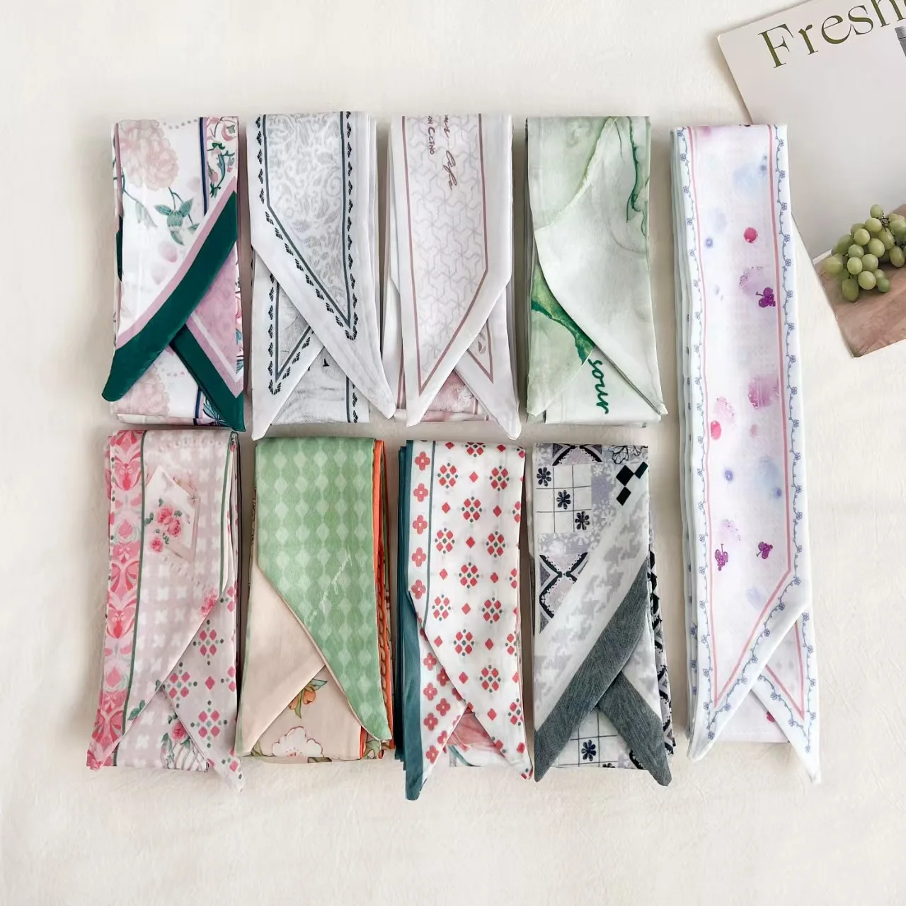 Scarf Floral Print Long Skinny Lightweight Satin Multifunctional Neck Wrap Hair Band Bag Strap Belt Decor Women Casual Commute