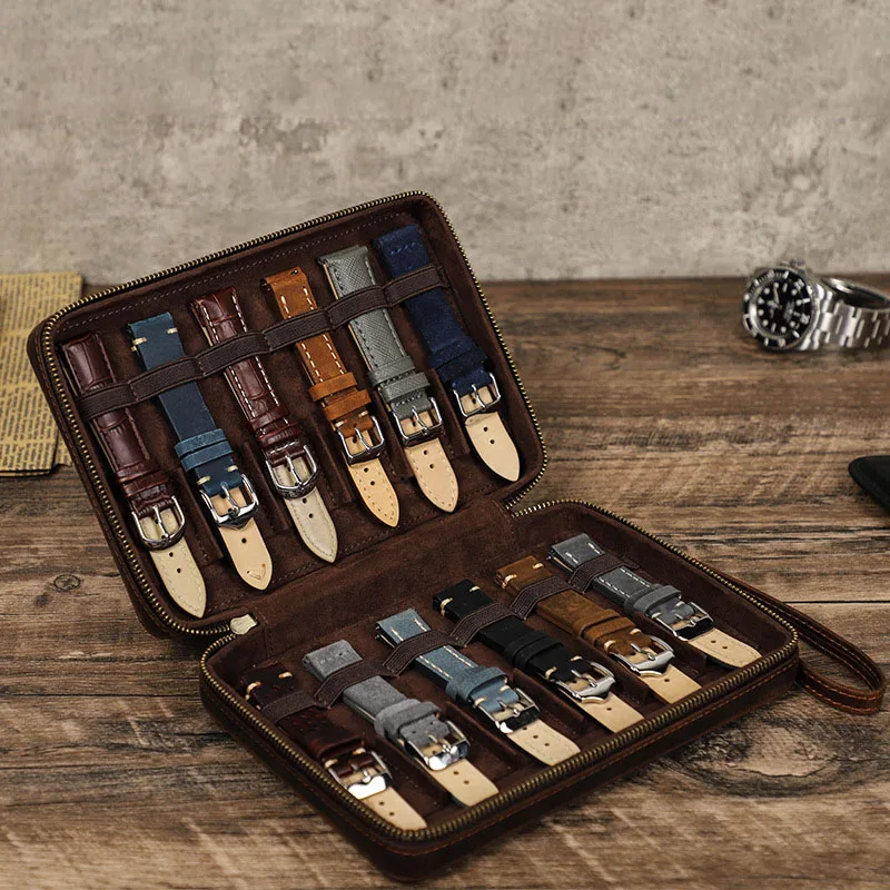 Watch Strap Storage Case Genuine Leather Portable 10 Slots  Soft Lined Protective Storage Zipper Watch Band Organizer Travel Bag