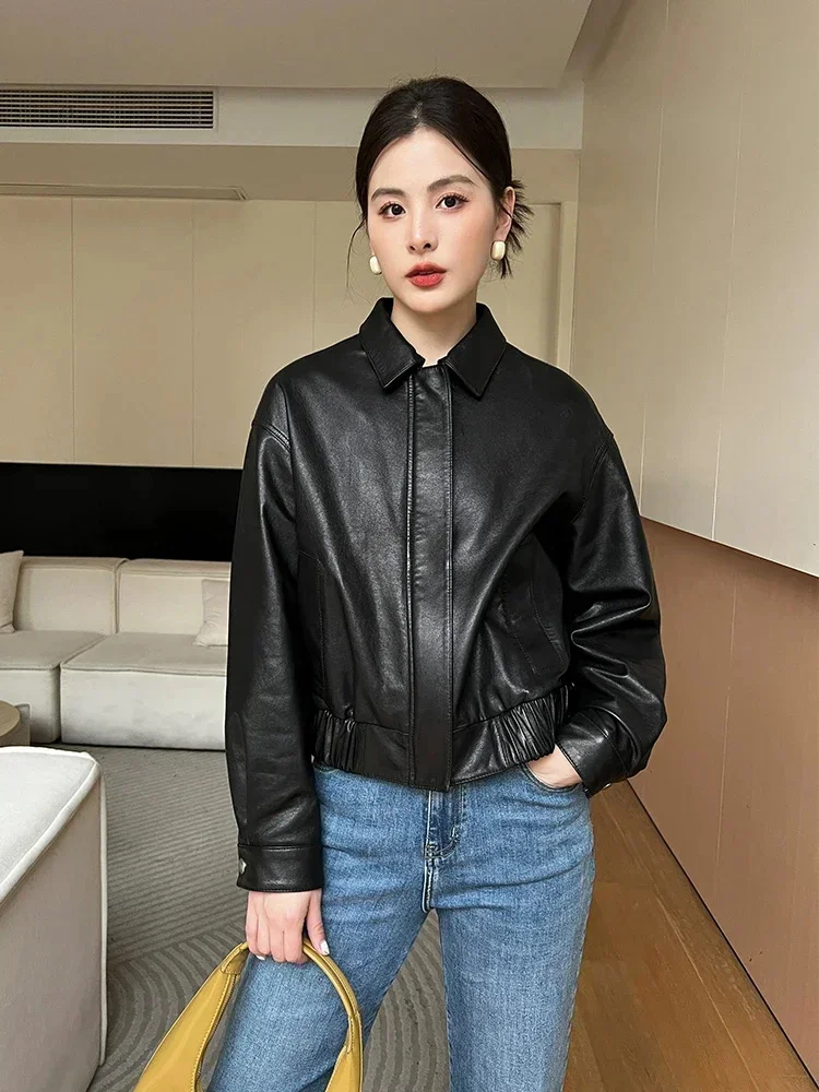 

Leather Genuine Flight Jacket Women Short Fashion Zipper Bomber Outerwear Luxury Natural Sheepskin Coat jaqueta de couro