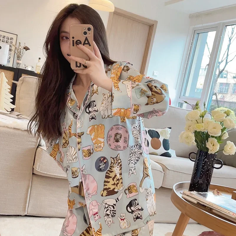 Pijamas para mulheres primavera e outono bonito gato cardigan manga comprida pijamas conjunto cetim loungewear lingerie feminina kawaii menina pjs