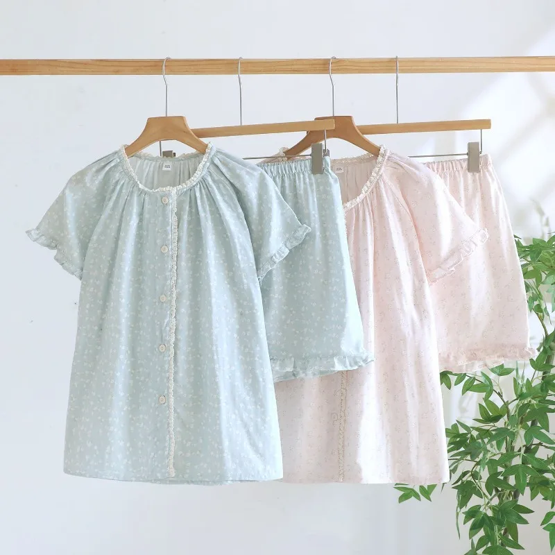 

2026 Summer New Women's Pajama Set 100% Cotton Thin Round Neck Printed Short Sleeve Shorts Home Two Piece Set Sleepwear