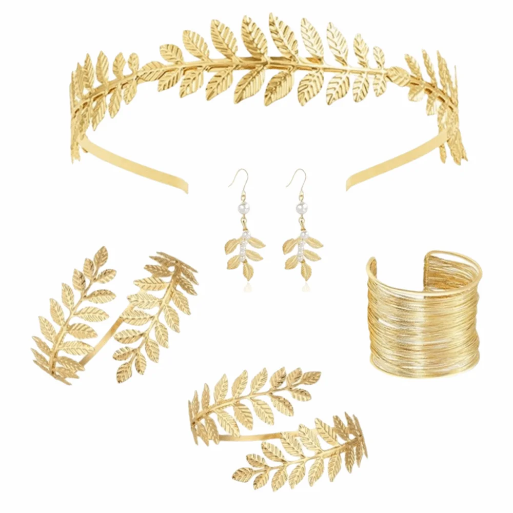 

Baroque Women's Wedding Jewelry Set Bridal Earrings Leaf Design Greek Goddess Hair Jewelry Bracelet Upper Arm Cuffs