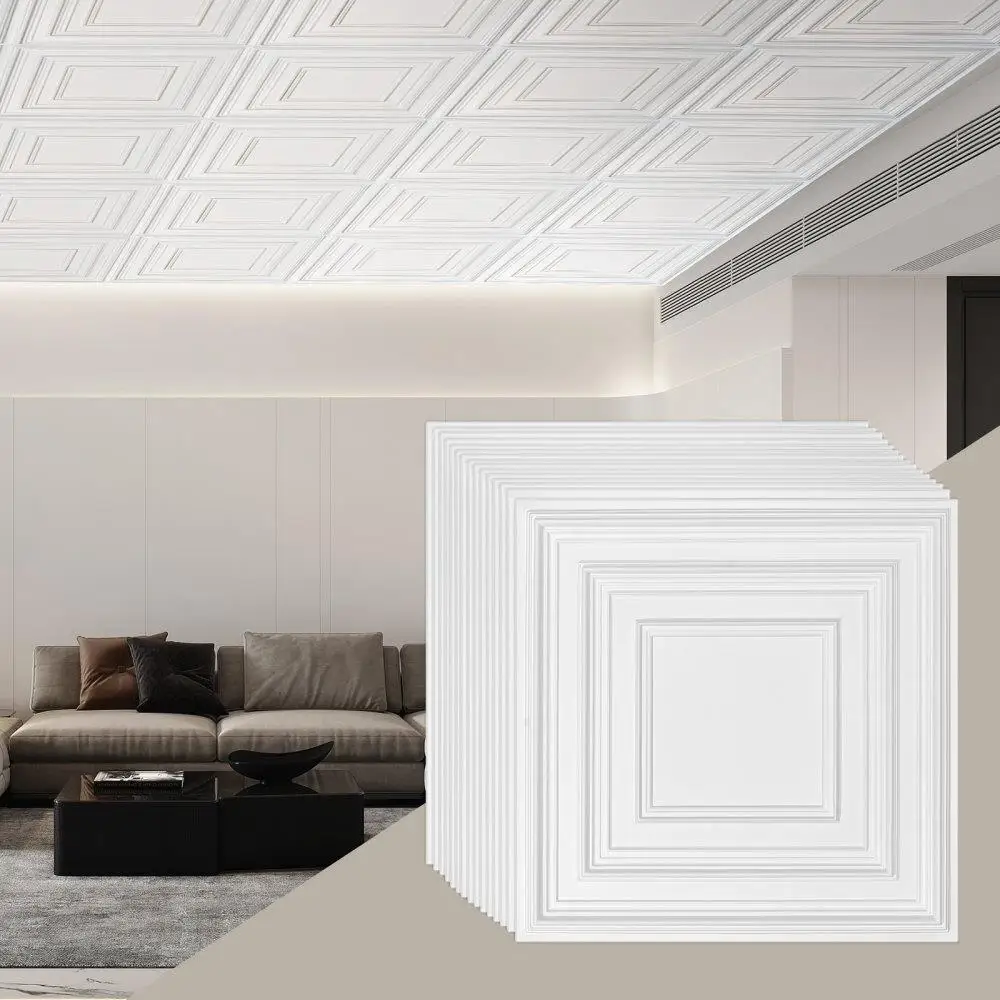 

12-Pack 24x24in PVC Ceiling Tile Panels Quick Install White Peg Design