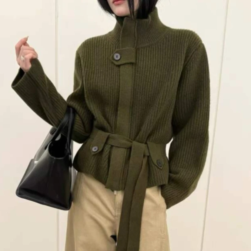 

Korean Lace-Up Waist-Slimming Women's Knitted Cardigan Sweater Autumn Winter Stand Collar Design Zipper Knitting Coat Short Tops