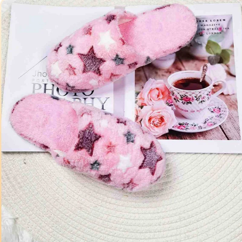 Five-pointed Stars Women Home Soft Slippers Couples Winter Indoor Warm Bedroom Plush Slides Adults Cozy Quiet Plush Flat Sandals