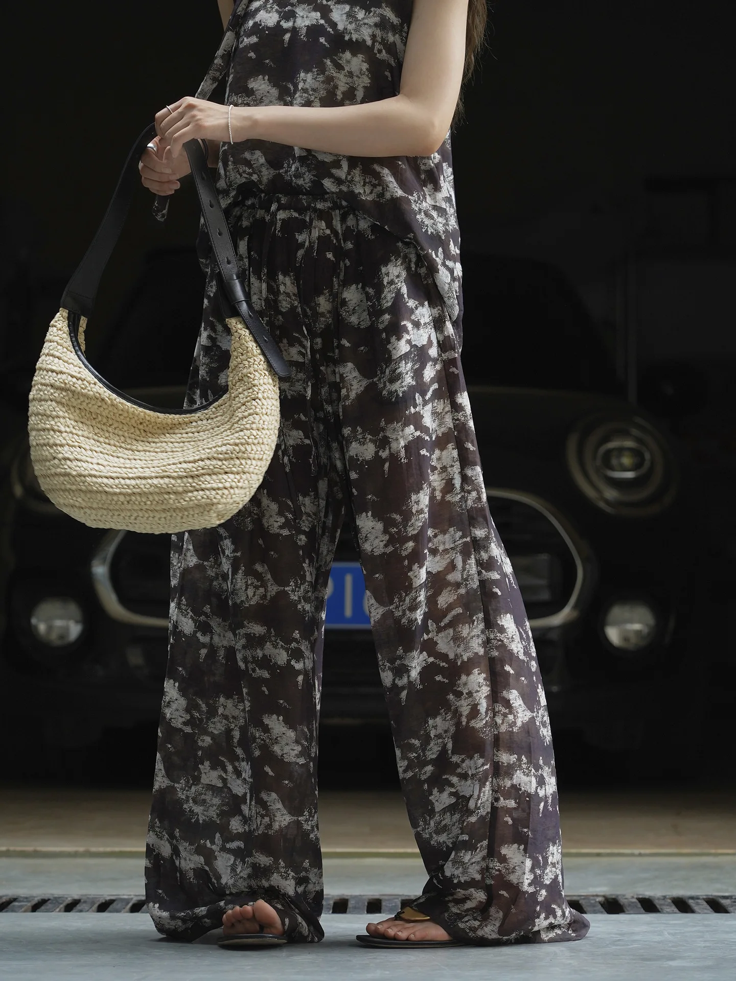 Spring and summer women's casual printed high waisted loose wide leg pants