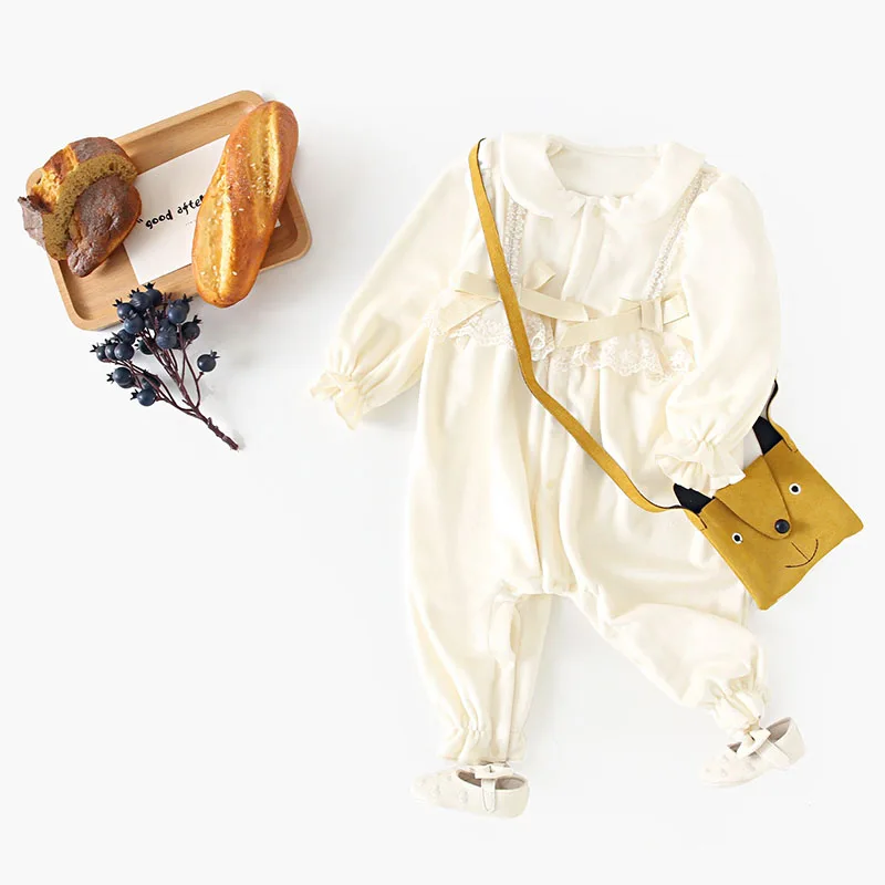 

MILANCEL New Winter Baby Rompers 3-24M Cute Lace Bow Infant Girls Thicken Jumpsuit Sweet Loose Korean Toddler One Piece