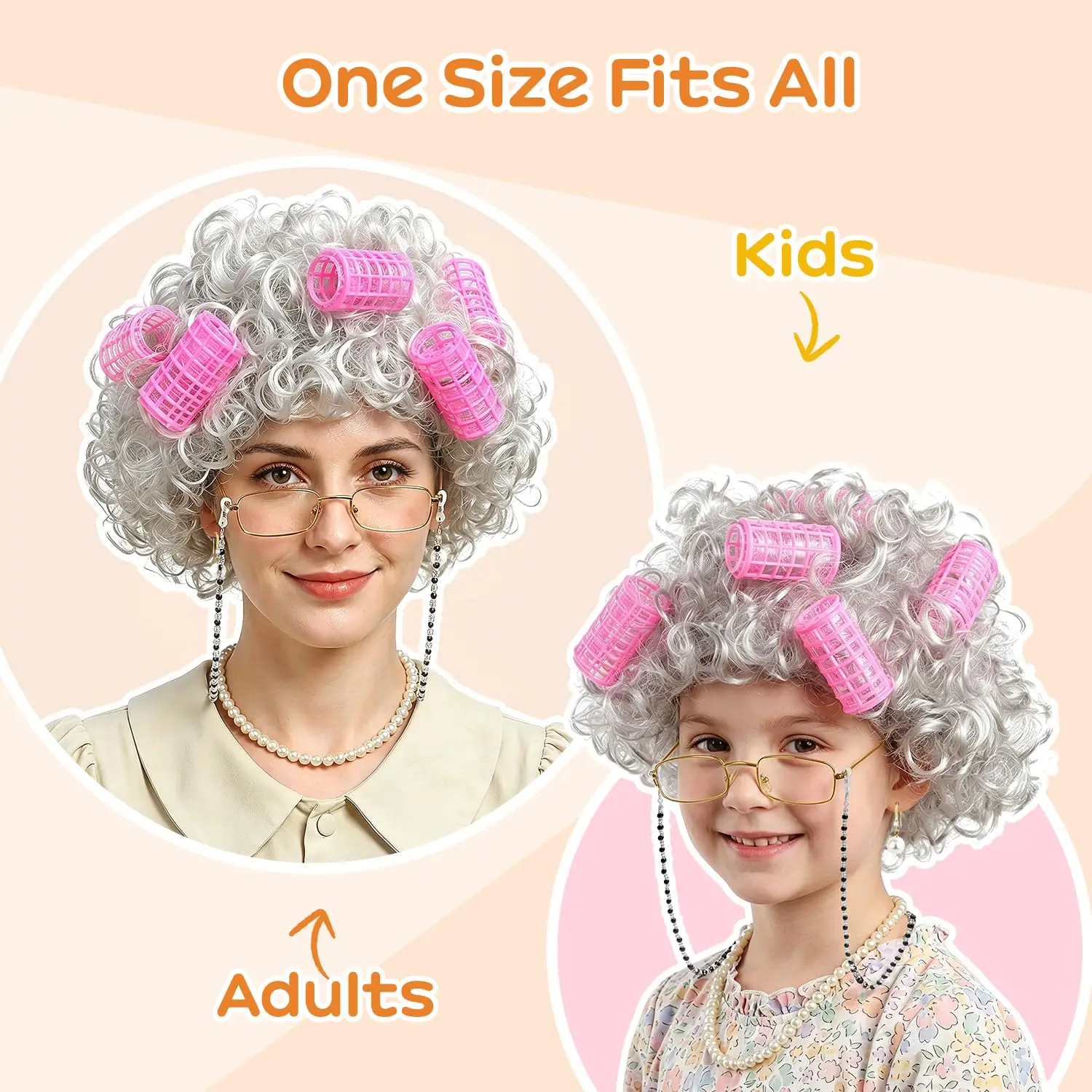 Old Lady Wig Costume for Women, 5 PCS Kids 100 Days of School Grandma Wig Costume Halloween Girls Adults Cosplay Accessories Set 5