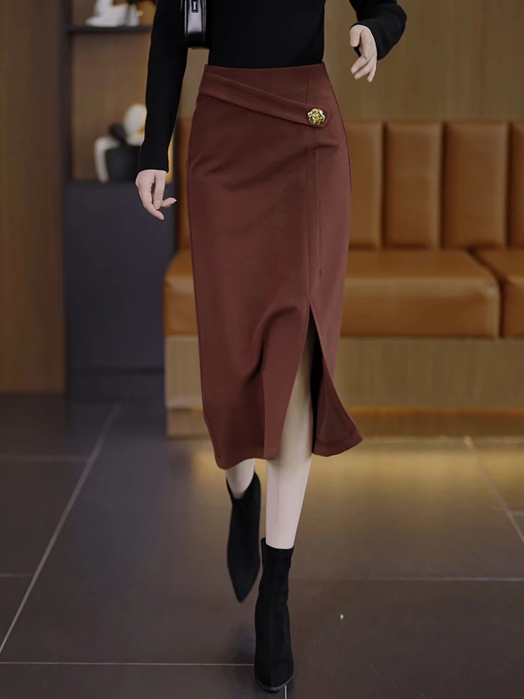 

Юбка-трапеция с высокой талией из шерсти, женская, осенне-зимняя, новая модель, облегающая, с запахом, в корейском стиле, повседневная, длинная