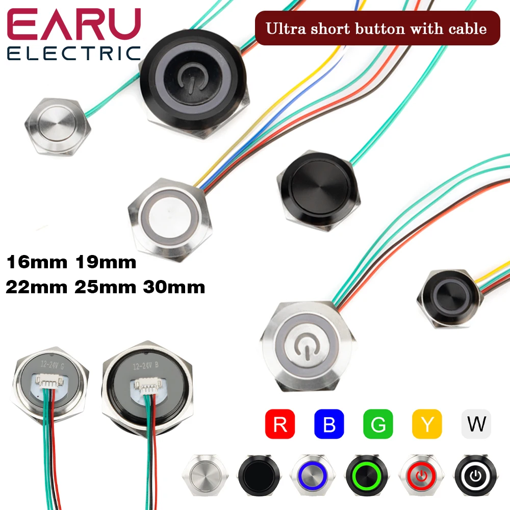 16/19/22/25/30mm With Wires Short Stroke Waterproof Metal Push Button Switch 1NO Momentary Self Reset Led Light 12-24V Red Green