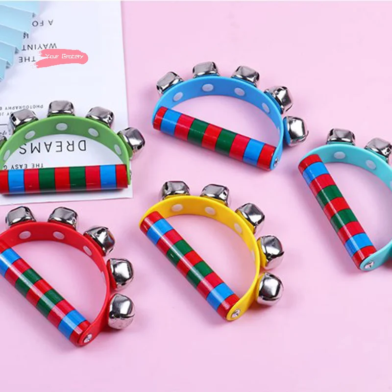1Pc 子供用木製ハンドベル 5 ジングルベル付き楽器おもちゃ音楽クラス用知的小道具ハンドベル