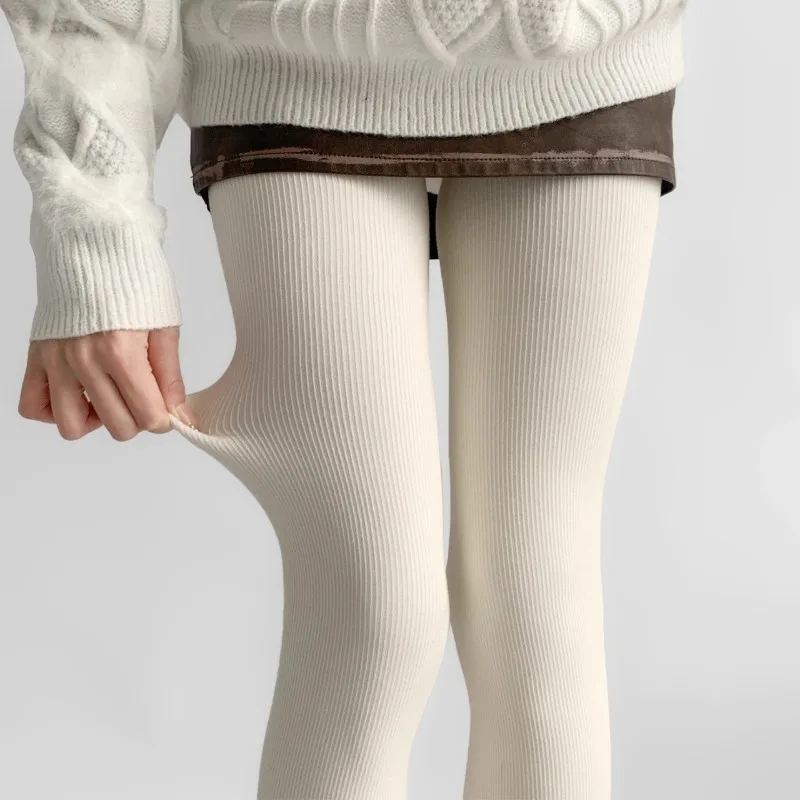 

Girls Oat White Leggings for Women Autumn Winter Vertical Striped Tights Japanese Style Thick Warm Velvet Pantyhose Sweet Gentle