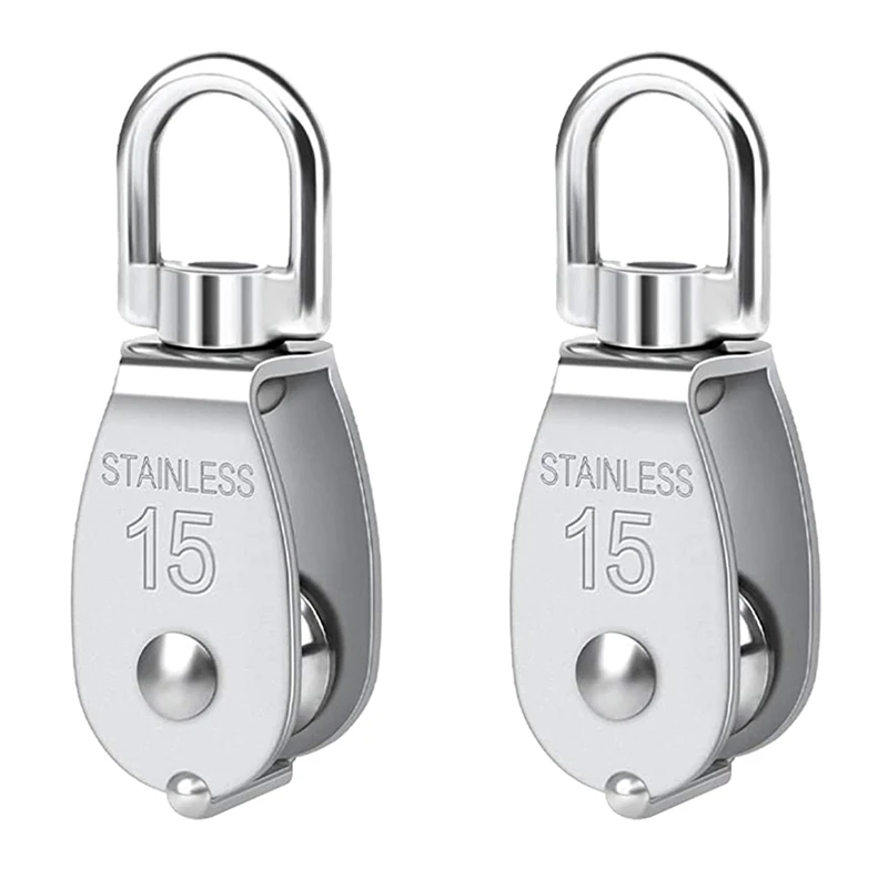 Pulley 304 Stainless Steel Single Pulley Block M15 Small Heavy Duty Swivel Bearing Pulley System For Rigging, Easy Install 2Pack