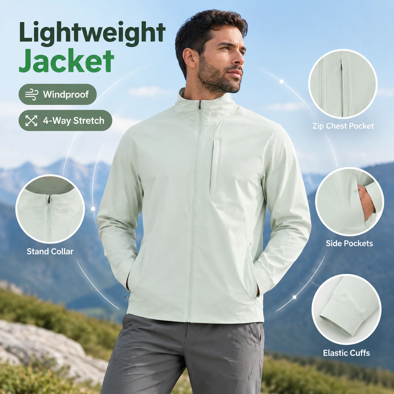 Men's Lightweight Windproof Jacket, 4-Way Stretch Quick Dry Running Top, Zip Up Athletic Jacket with Pockets for Outdoor Sports