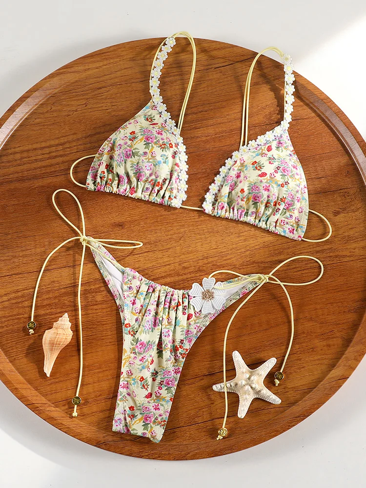 Triangle Bikini Set Sexy Swimwear Women 2026 Bikinis Floral Print Swimsuit Micro Thong Bandage Bathing Suits Bikini Купальник