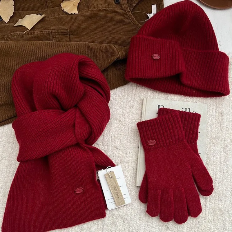 

High Quality New Year's Christmas Red 100% Solid Color Wool Knitted Hat Scarf Gloves 3-piece Set for Women Versatile and Warm