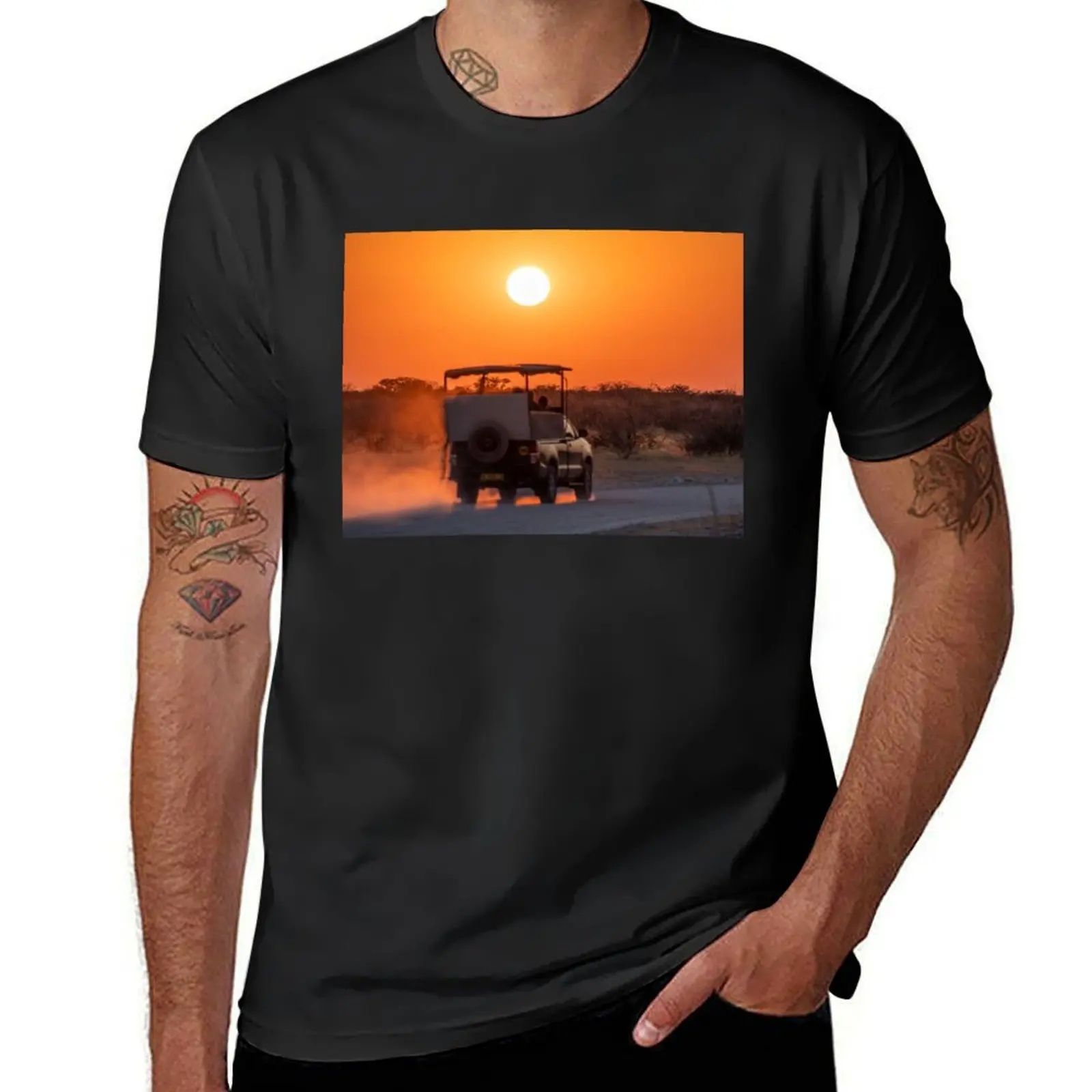 Namibia. Etosha National Park. Driving into Sunrise. T-Shirt graphics summer clothes men t shirts