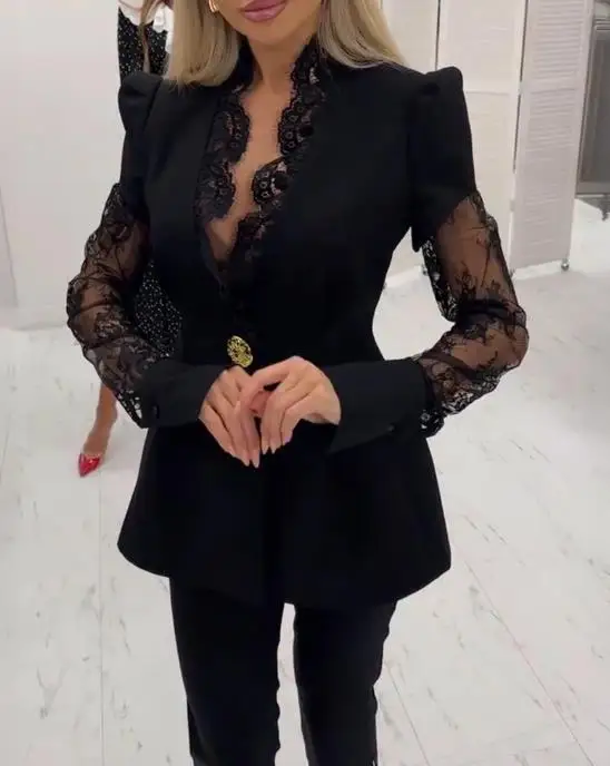 Damen-Anzugmantel, Pendler-Wimpern-Spitzenbesatz, tiefer V-Ausschnitt, Puffärmel, einreihiger Mantel, Spitze, gespleißte Taille, A-Linie, Blazer-Mantel
