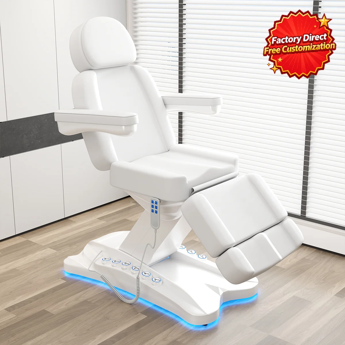 3 Motor Electric Beauty Bed with Adjustable Headrest and Leg Rest, White Massage Spa Treatment Bed with LED Light for Salon