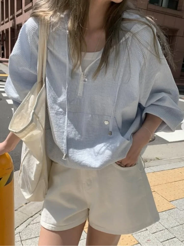 

Korean Sle Blue Striped Lazy Hat Sun Protection irt Women's Spring Dstring f Open Collar Thin Trendy Top