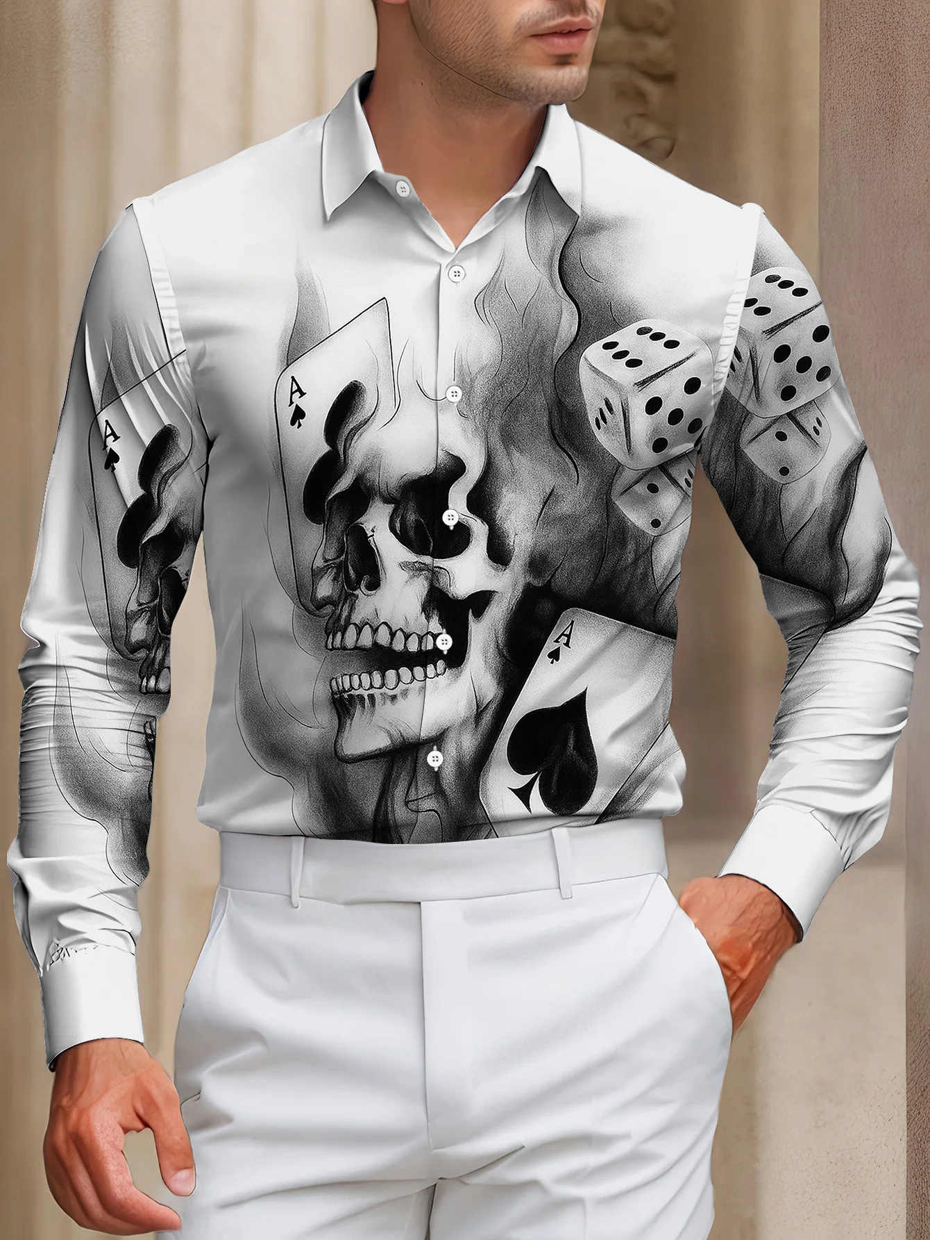Men Long Sleeve Button Down Shirt White Skull Poker Dice Smoke Print Polyester Lapel Collar Gothic Party