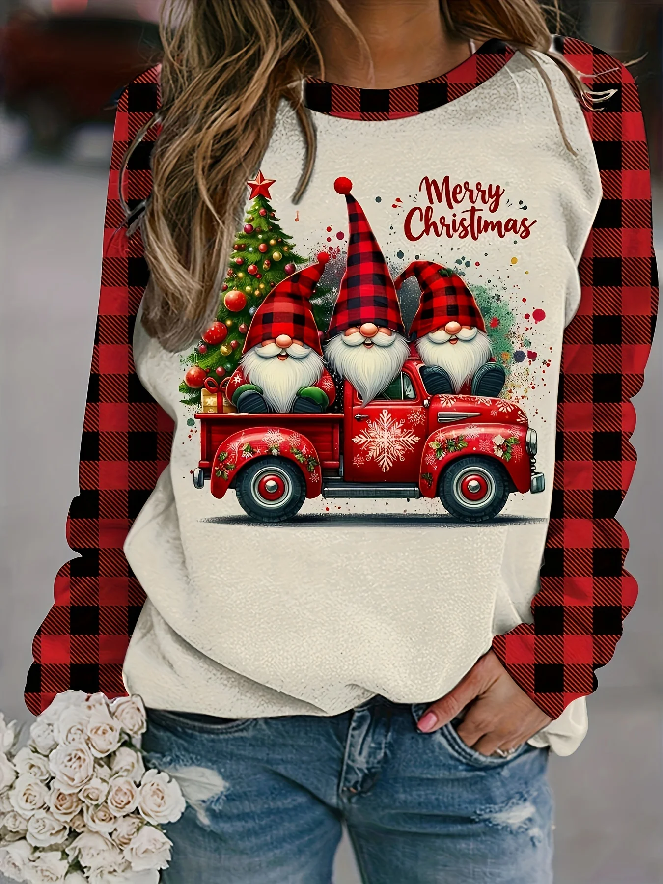 Women's Round Neck Raglan Long Sleeve Sweatshirt Christmas Gnome Truck Plaid Splicing Print Casual Loose Tops
