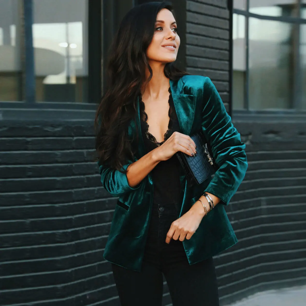 Green Velvet Suit Jacket Office Ladies Jacket Female Elegant Two Buttons Long Sleeve Party Blazer   Tops