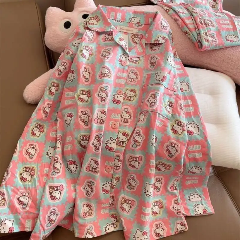 

Комплект пижамы Sanrio Hello Kitty: кардиган и брюки, женский, с мультяшным принтом, для дома и улицы, в клетку, весна-осень, с длинным рукавом, новая ночная одежда